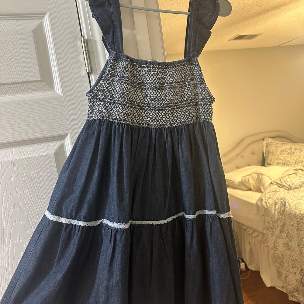 Denim Sleeveless Dress with Smock Trim
